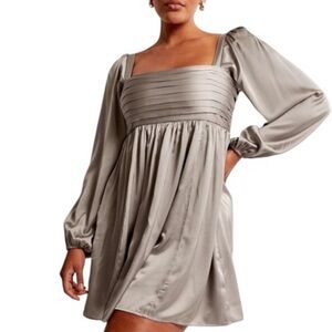 Abercrombie & Fitch Emerson Satin Long Sleeve Mini Dress in Taupe